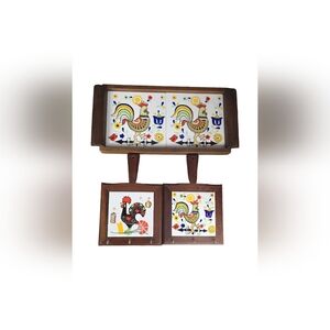 Vintage Portuguese Rooster Ceramic Tile Trivets Set of Three Wall Hangings